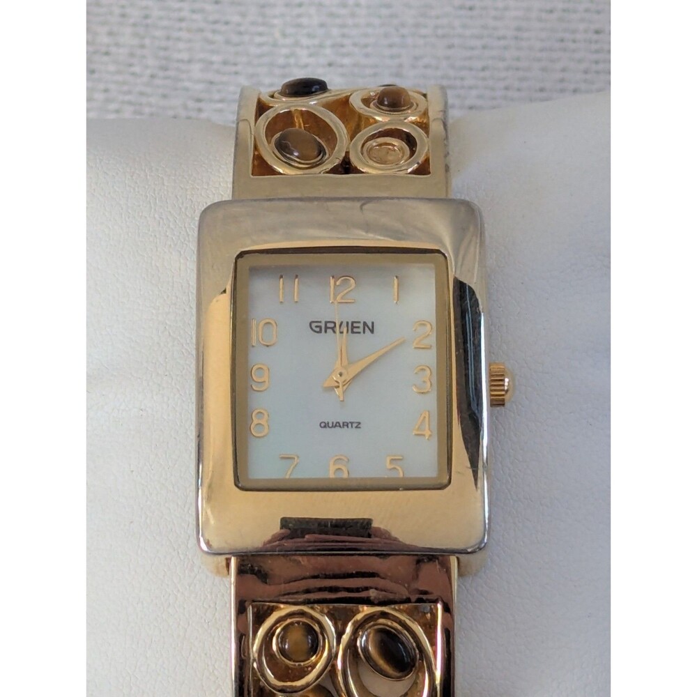 Gruen Tank Watch Women's Gold Tone MOP Dial, Cuff Bracelet, New Battery
